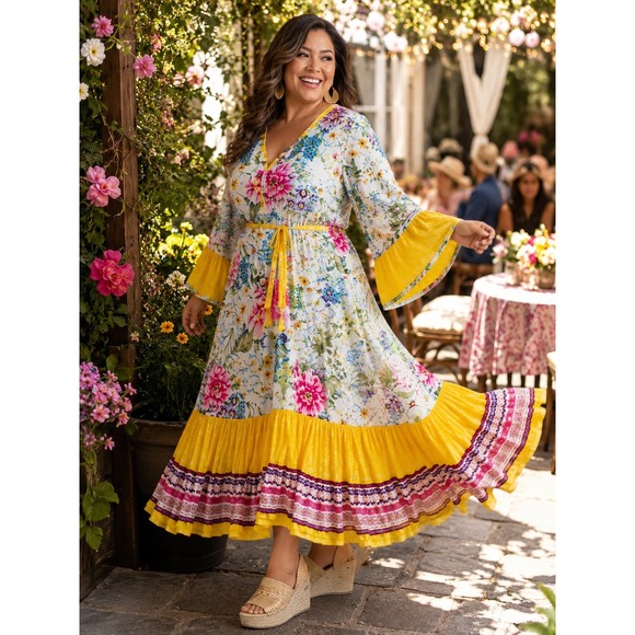 Aratta Silent Journey Dresses & Skirts - Aratta Silent Journey Large Dress Ibiza Maxie Floral Watercolor Bell Sleeve Art